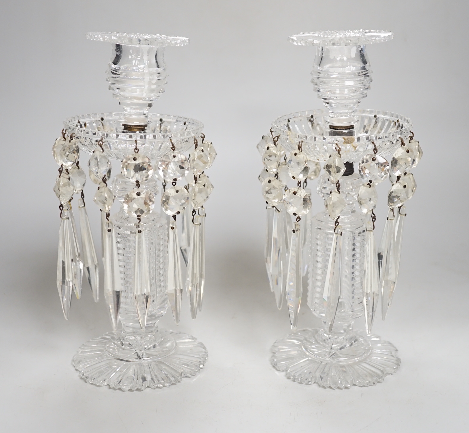 A pair of 19th century cut glass table lustres, 26cm high